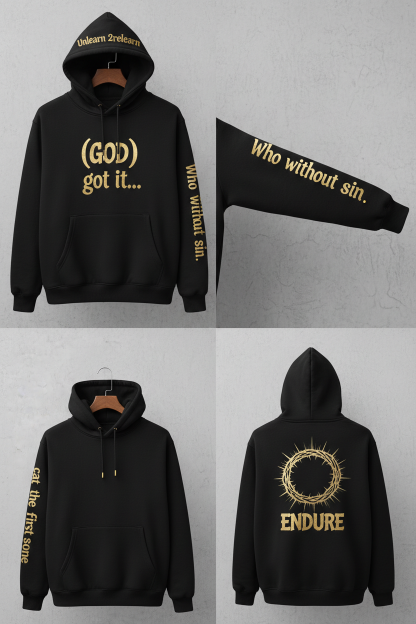 (GOD) got it... custom hoodie featuring gold lettering, crown of thorns, and ENDURE graphic — example of custom garment design work